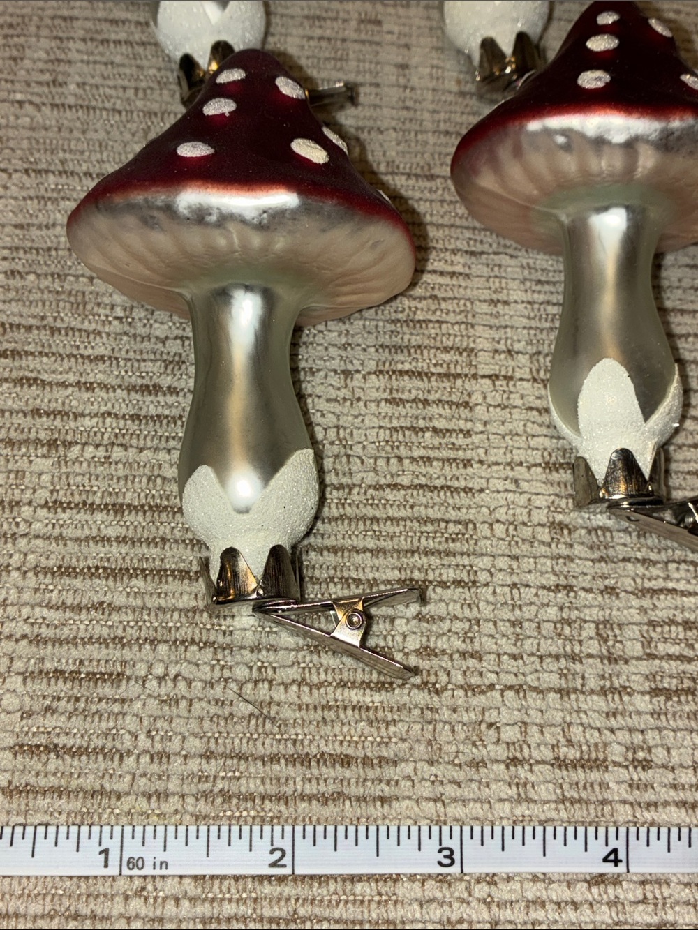 Red and Silver Glass Mushroom Clip Ornaments set of 6 - Picture 4 of 4